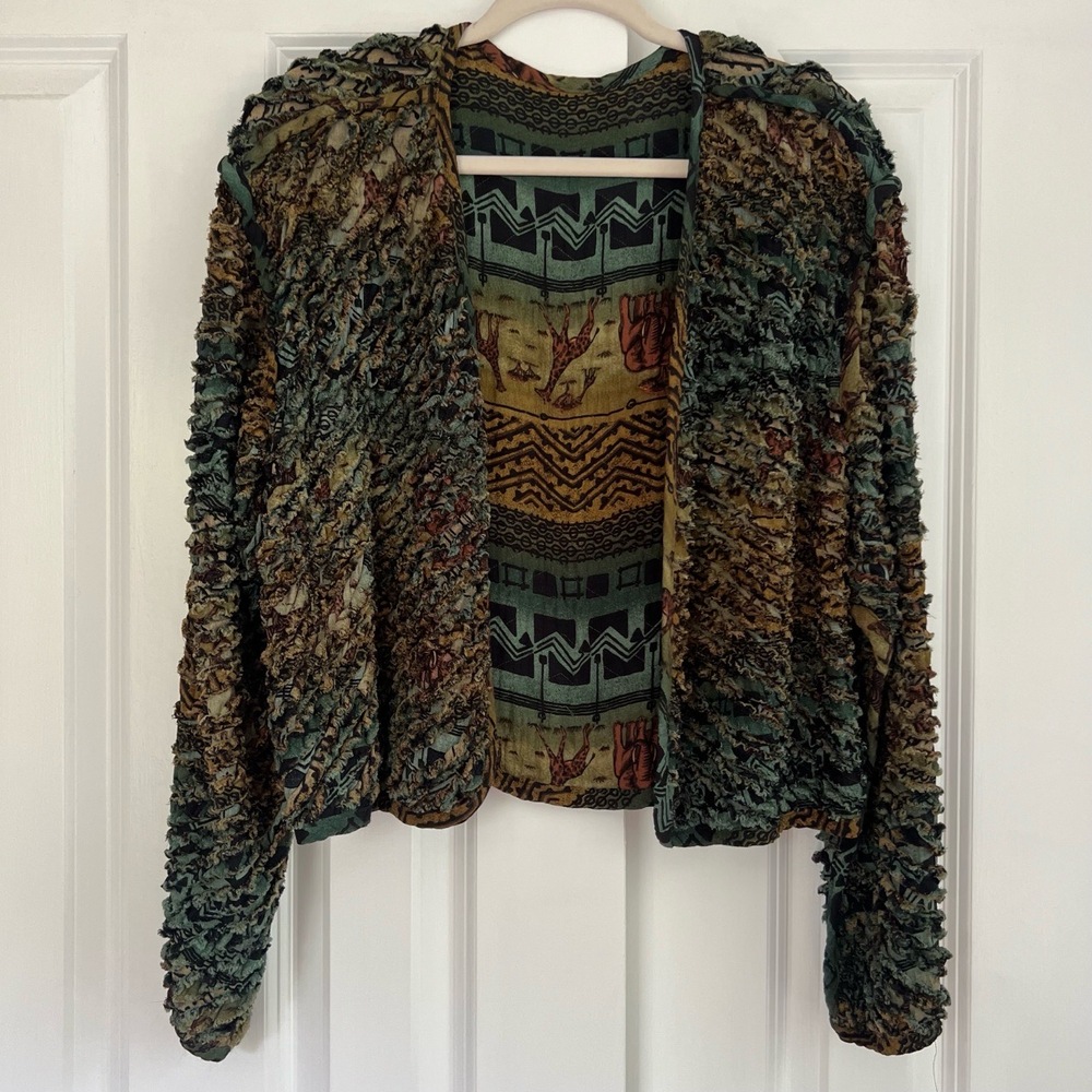 Bohemian Crinkled Texture Raw Edge Open Front Multi-Color Cardigan Jacket Size L